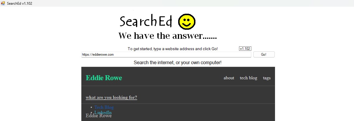 Screenshot of SearchEd program, browsing eddierowe.com.