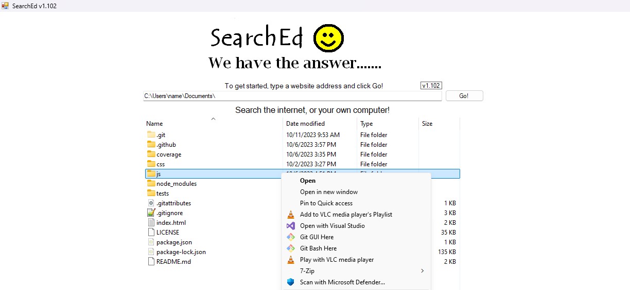 Screenshot of SearchEd program, browsing local files.